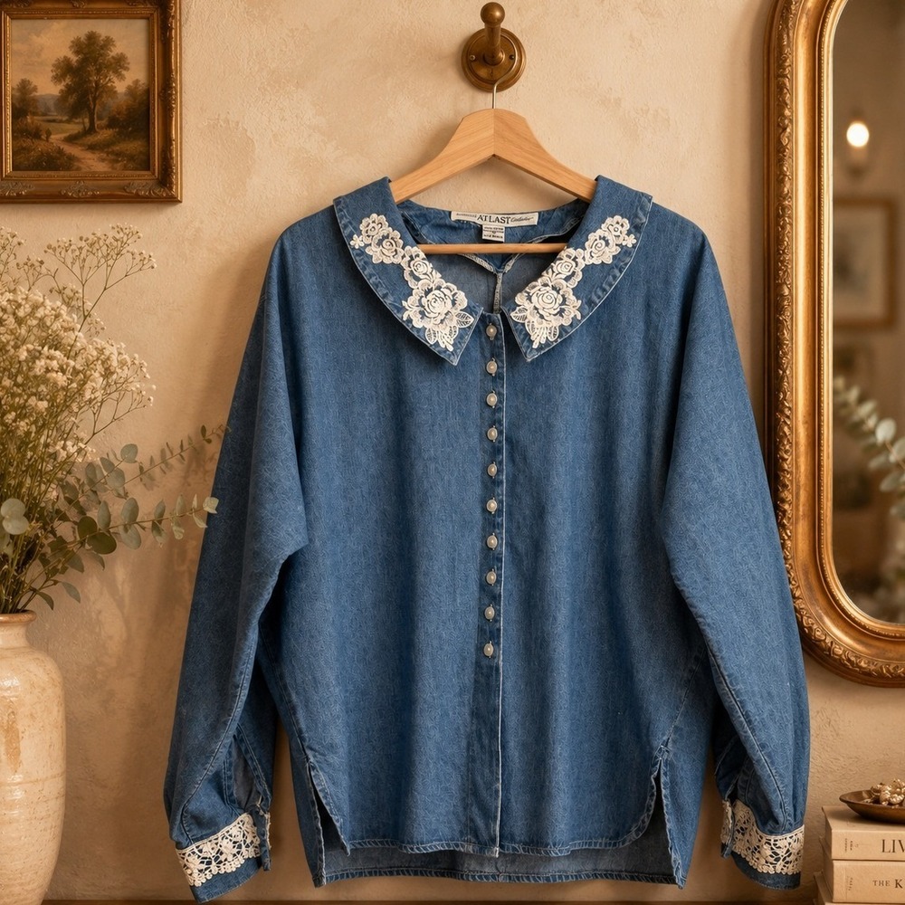 Vintage Absolutely Atlast Denim Shirt M Cotton Lace Collar Embroidered Cottage